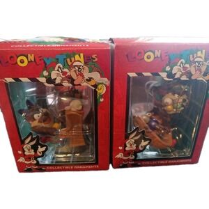 2 Vtg Looney Toons MS. TAZ On Piano TAZMANIAN DEVIL Baseball Christmas Ornament